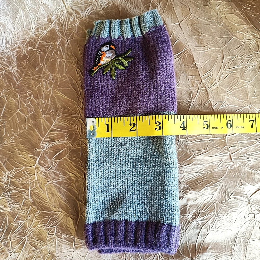 Fingerless Gloves Thumb Holes Purple Gray Grey Embroidered Birds Mittens NEW